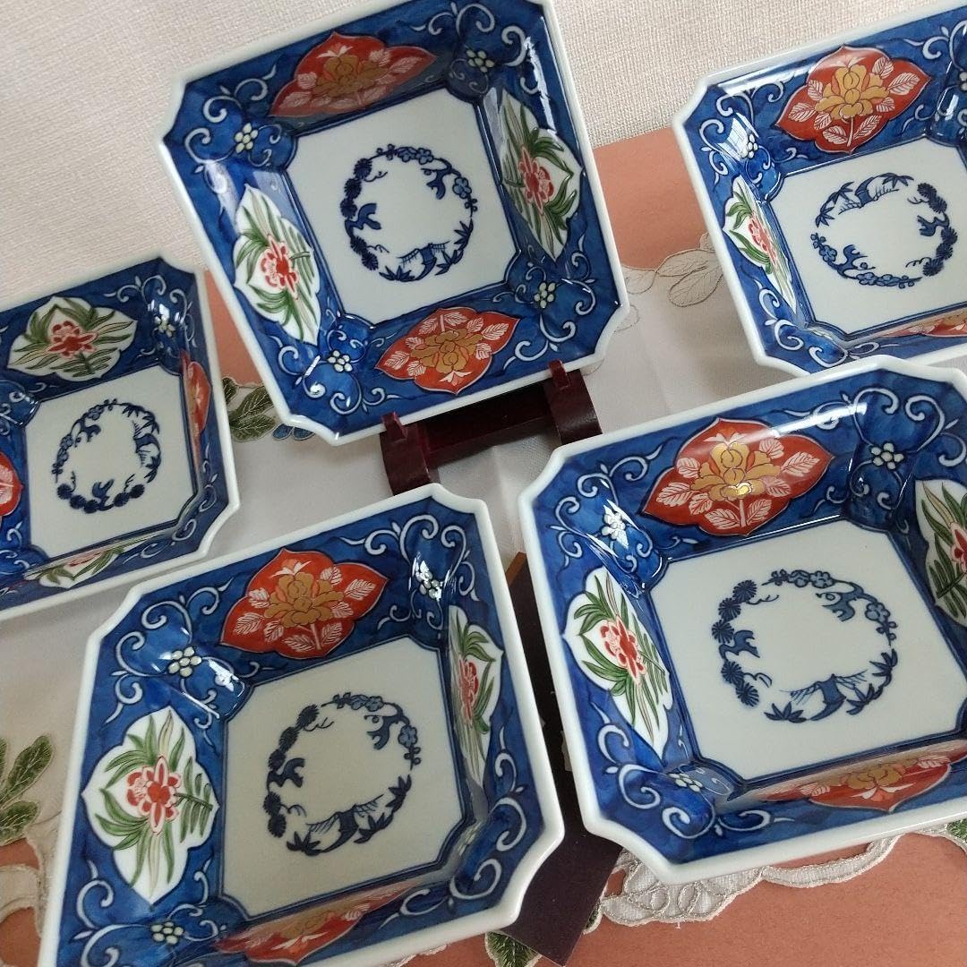 源右衛門 古伊万里風唐草 角切型鉢 五個組 源右衛門 古伊万里風唐草